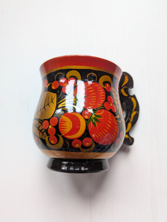 Vintage Russian Khokhloma Wooden Mug - Leaves and Strawberries Design