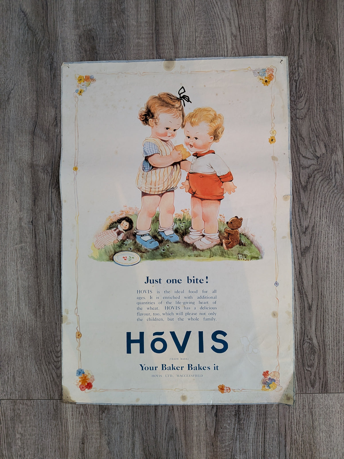 Vintage Hovis Bread "Just One Bite!" Mabel Lucie Attwell Illustration Poster