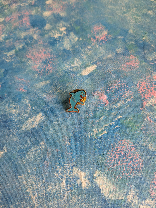 Vintage Blue and Gold Cartoon Dolphin Metal Pin Badge