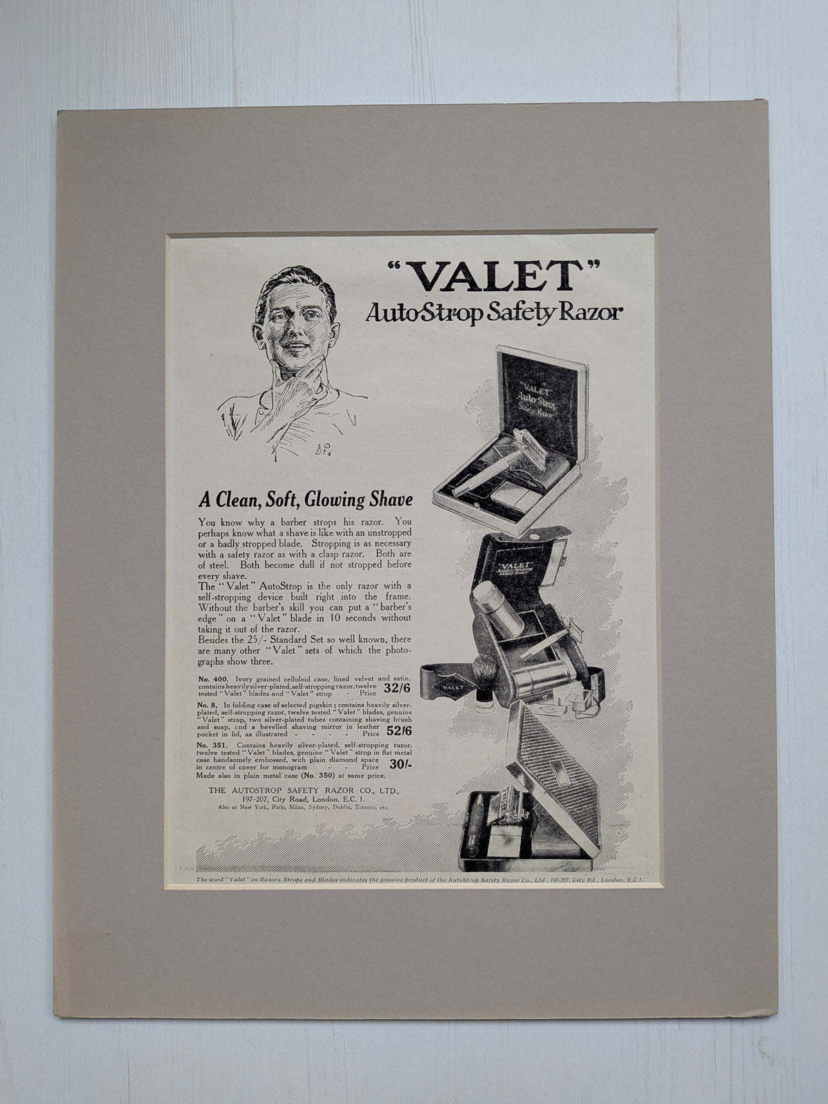 Antique 1920s Valet Autostrop Safety Razor Print Advertisement in Mount