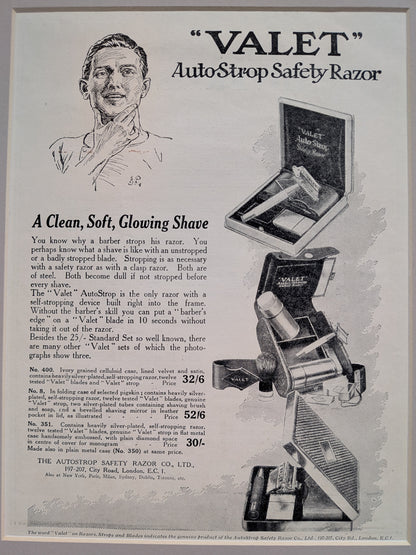 Antique 1920s Valet Autostrop Safety Razor Print Advertisement in Mount