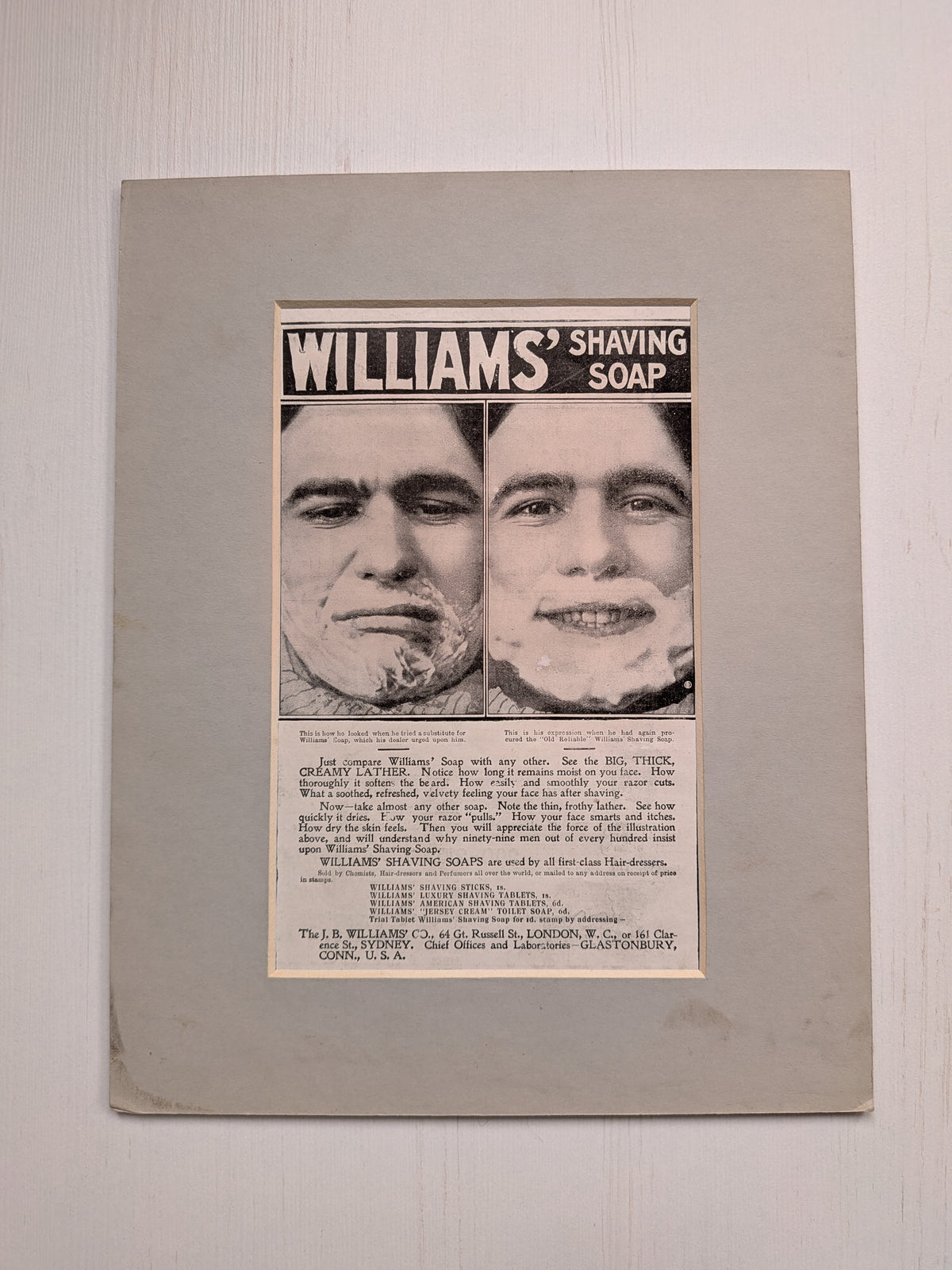 Antique Early 1900s William's Shaving Soap Print Advertisement in Mount