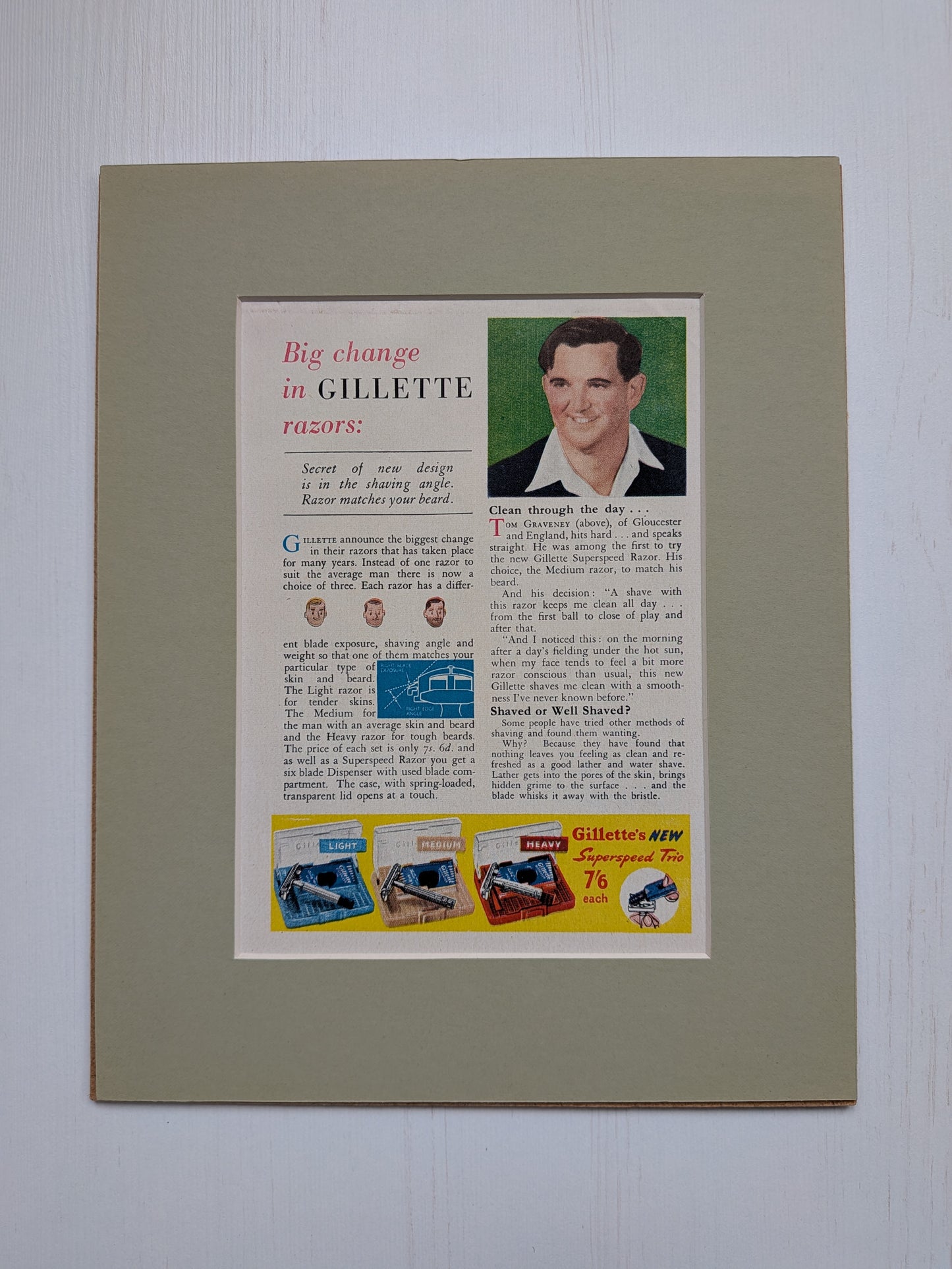 Vintage 1957 Gillette Razors Print Advertisement in Mount