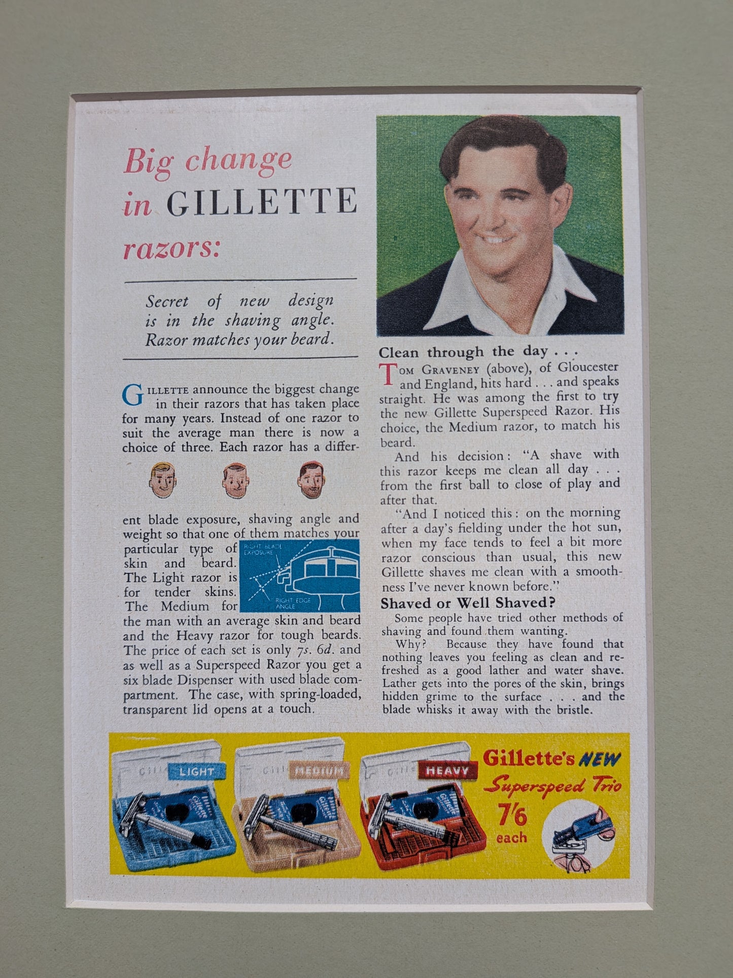 Vintage 1957 Gillette Razors Print Advertisement in Mount