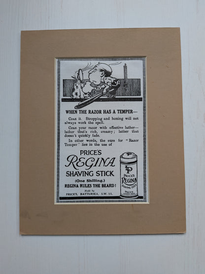 Antique 1920s Price's Regina Shaving Stick Print Advertisement in Mount