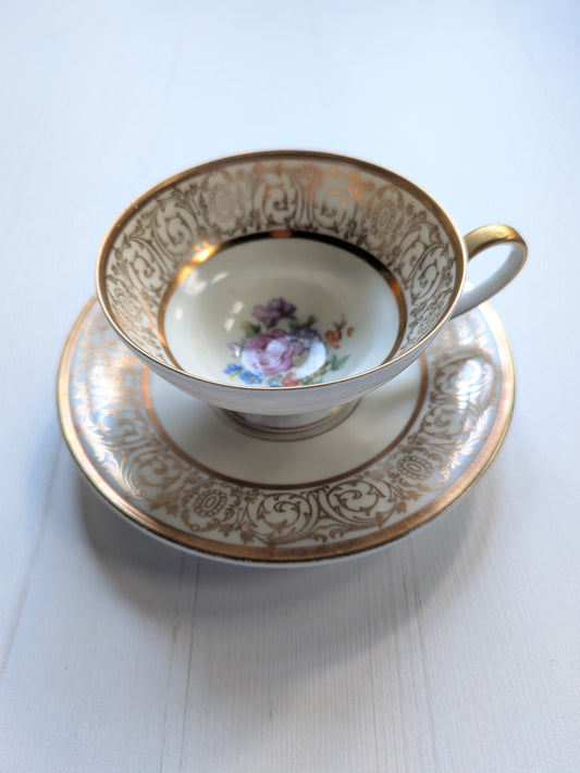 Vintage Tirschenreuth Floral Footed Demitasse Teacup + Saucer - Made in Germany