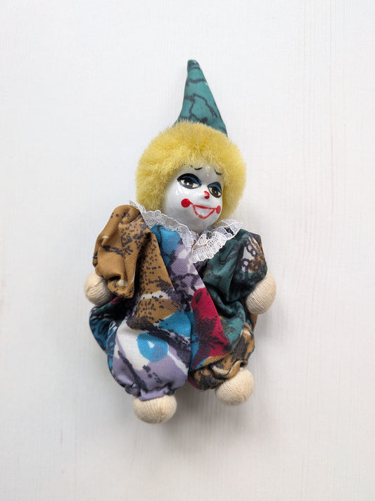 Vintage Multi-Coloured Clown Doll with Ceramic Face - 1950s Approx