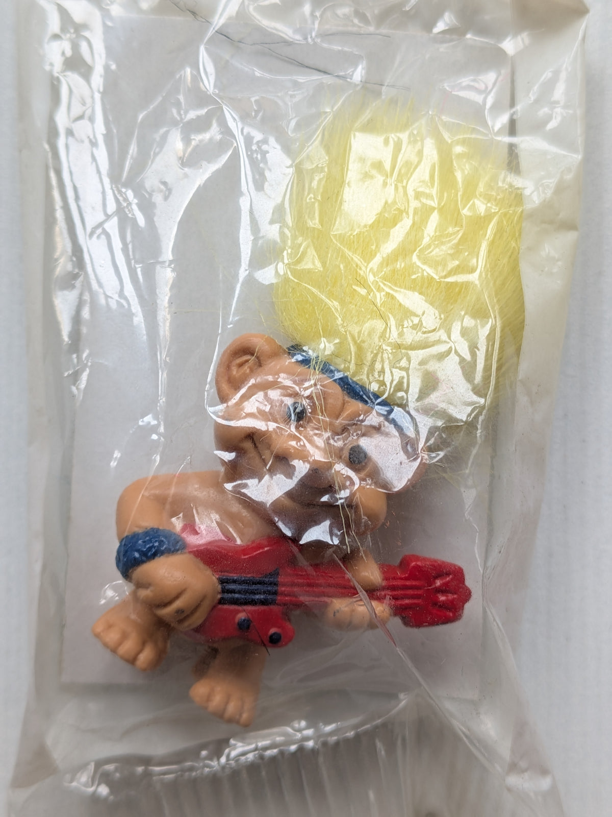 Vintage Troll with Yellow Hair and Guitar Pencil Topper Weetos Cereal Toy, 1990s