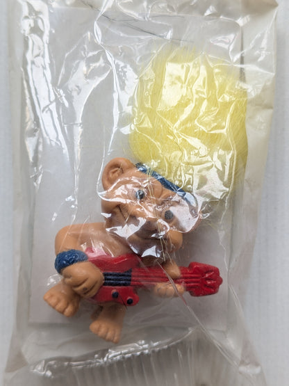 Vintage Troll with Yellow Hair and Guitar Pencil Topper Weetos Cereal Toy, 1990s
