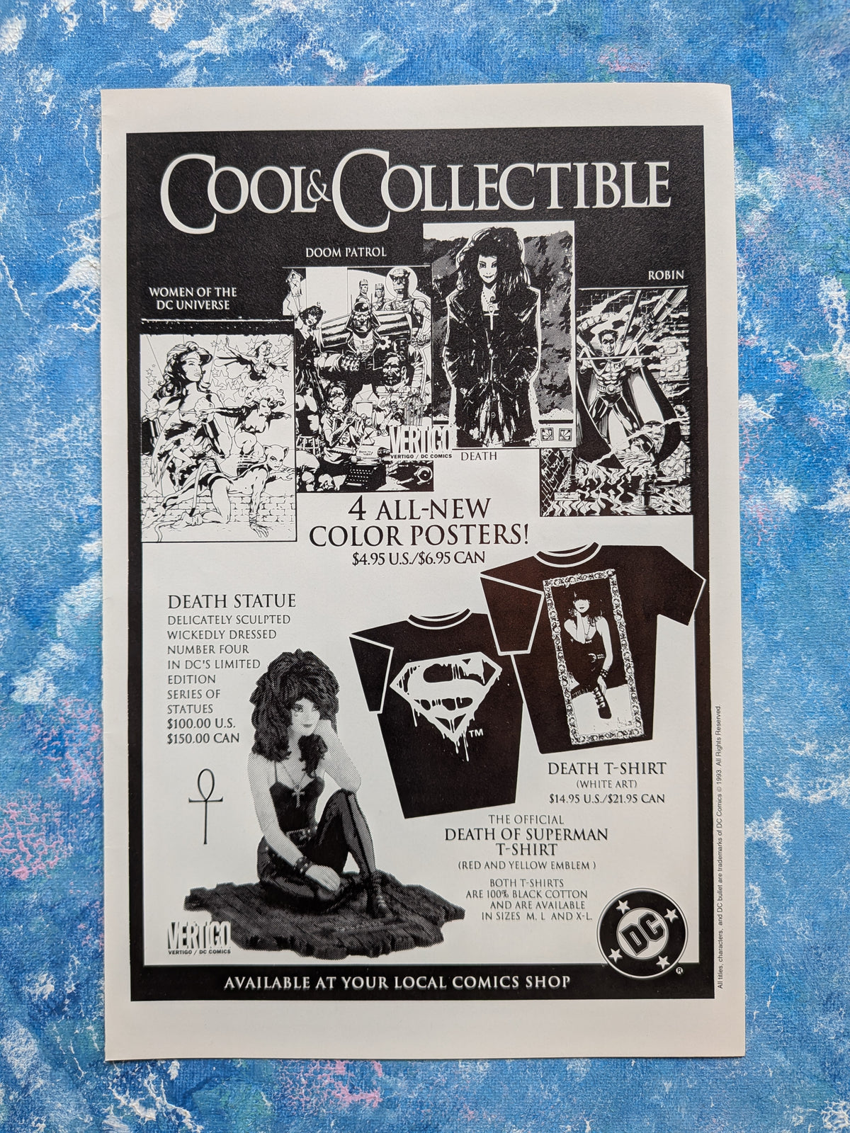 Vintage DC and Vertigo Comics "Cool and Collectible" 1993 Merchandise Advertisement