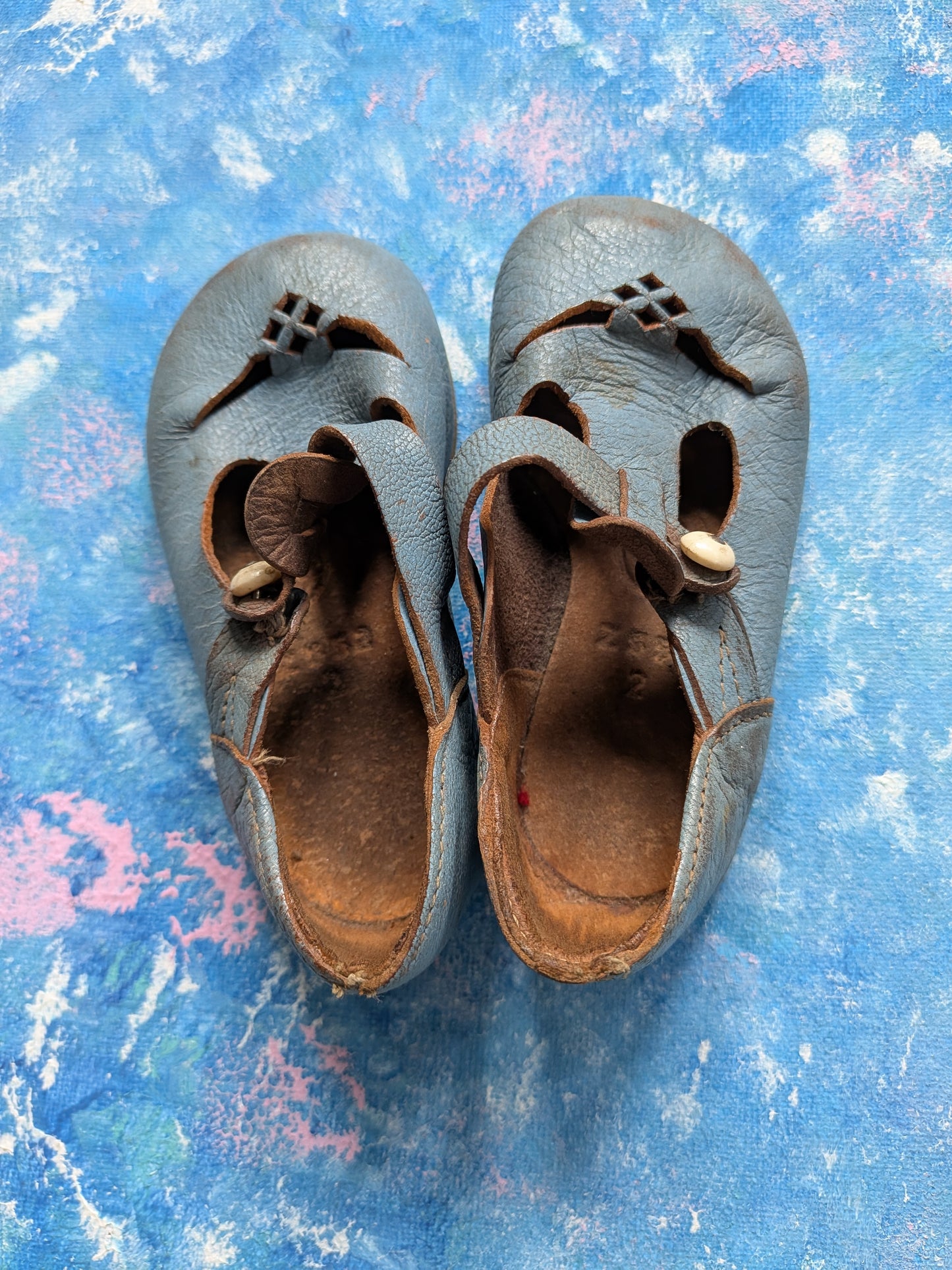 Vintage Blue Leather Mary Jane-Style Shoes For Dolls - 1950s Approx