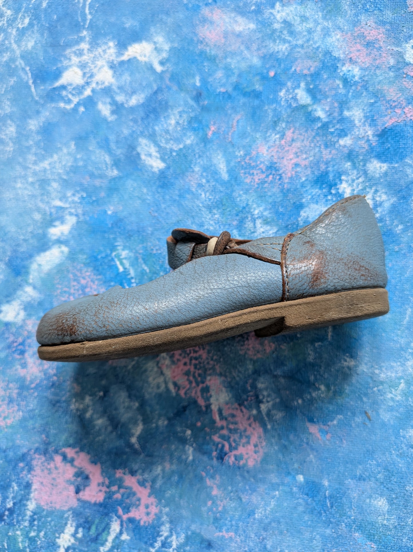 Vintage Blue Leather Mary Jane-Style Shoes For Dolls - 1950s Approx