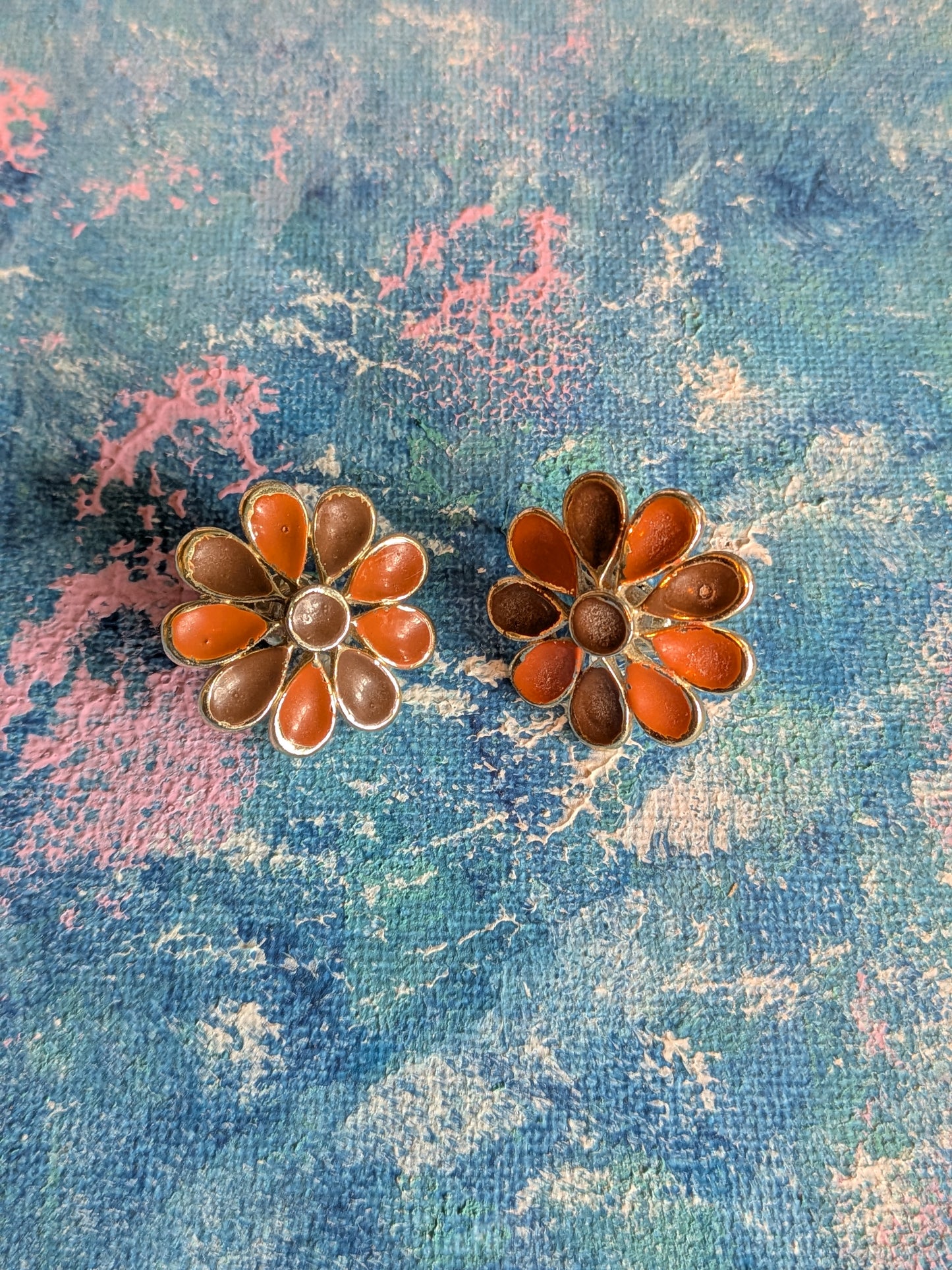 Vintage Orange and Brown Floral Clip-On Earrings - 1980s Approx