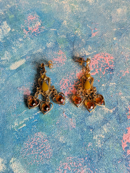 Vintage Chandelier Dangle Earrings with Amber Heart-Shaped Rhinestones