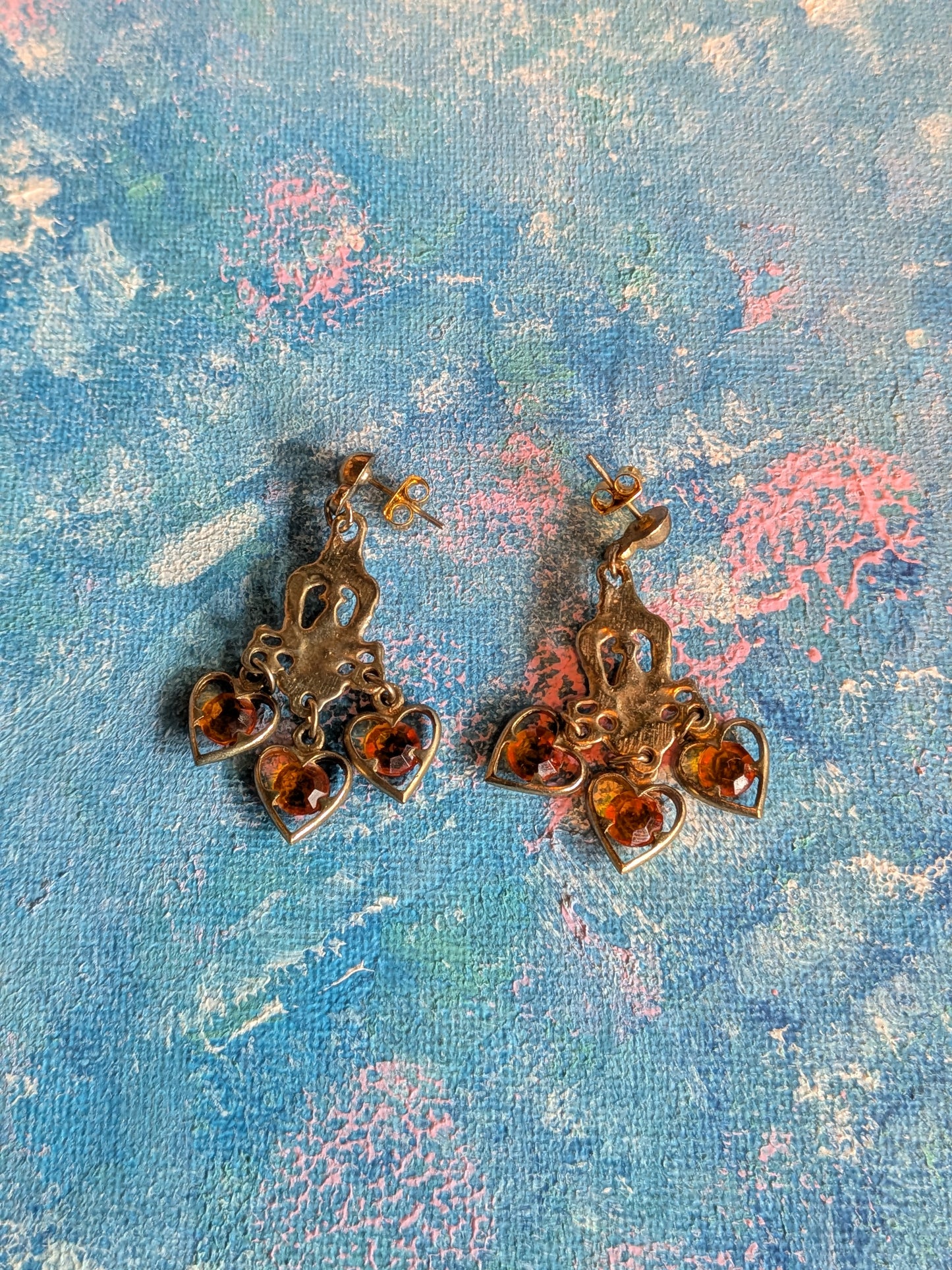 Vintage Chandelier Dangle Earrings with Amber Heart-Shaped Rhinestones