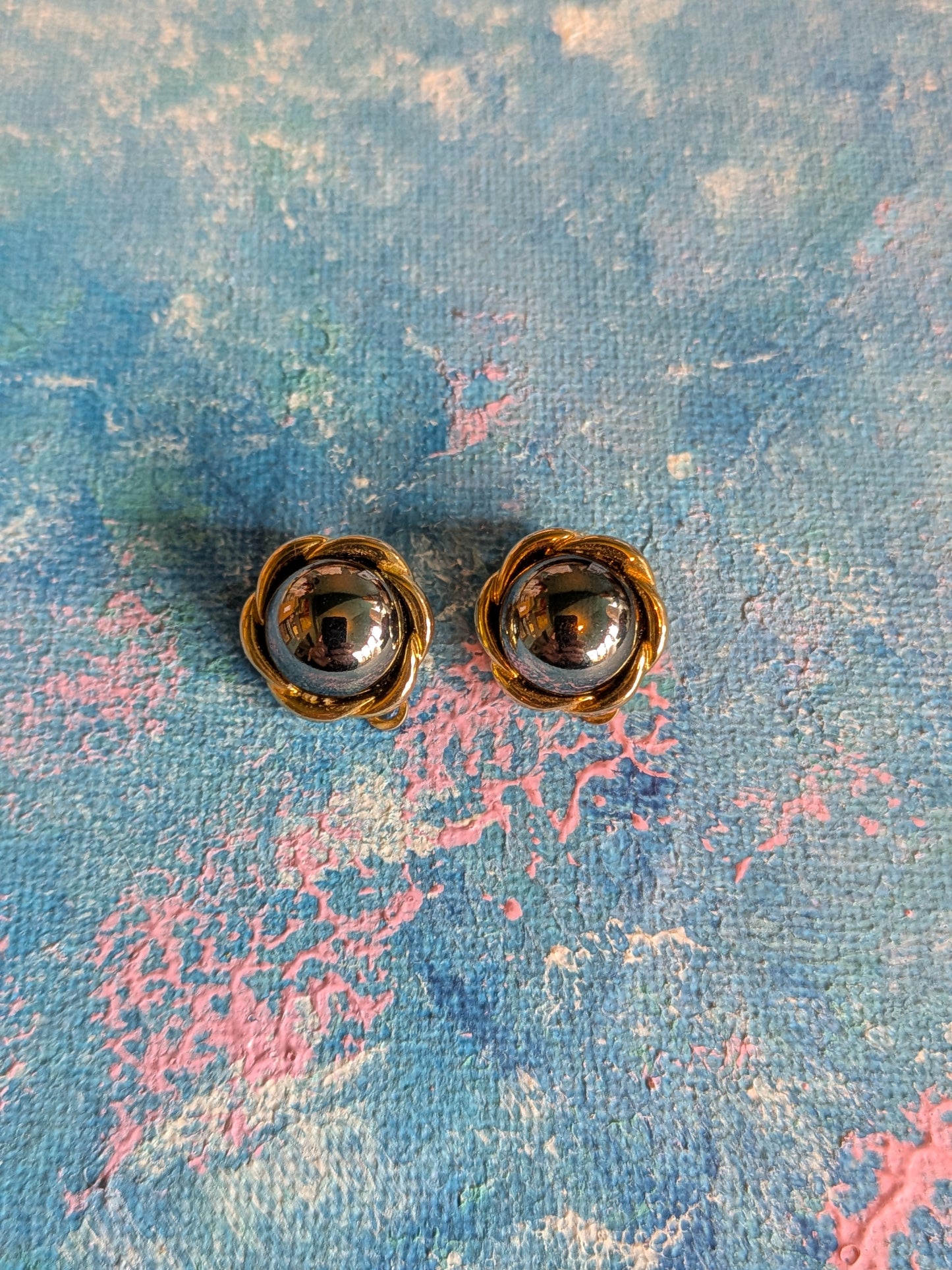Vintage Black Dome Clip-On Earrings with Gold Tone Frame