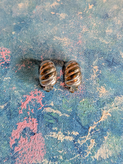 Vintage Silver-Tone Ribbed Half-Hoop Clip-On Earrings - Unmarked