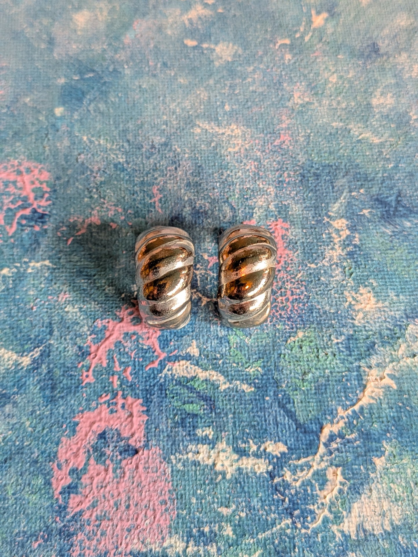 Vintage Silver-Tone Ribbed Half-Hoop Clip-On Earrings - Unmarked