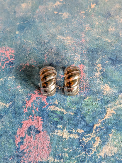 Vintage Silver-Tone Ribbed Half-Hoop Clip-On Earrings - Unmarked