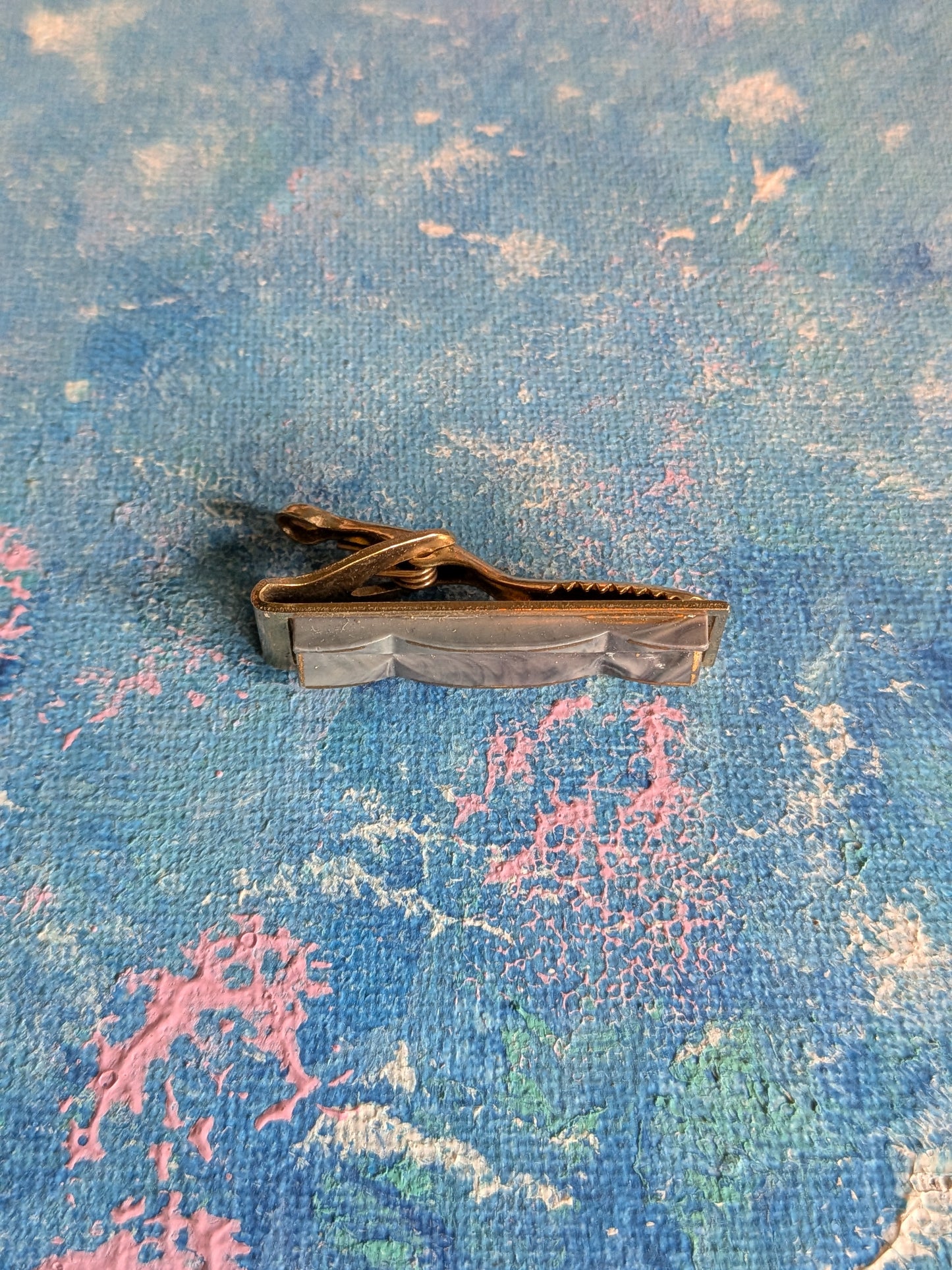 Vintage Metal Tie Clip with Grey Geometric Front Bar