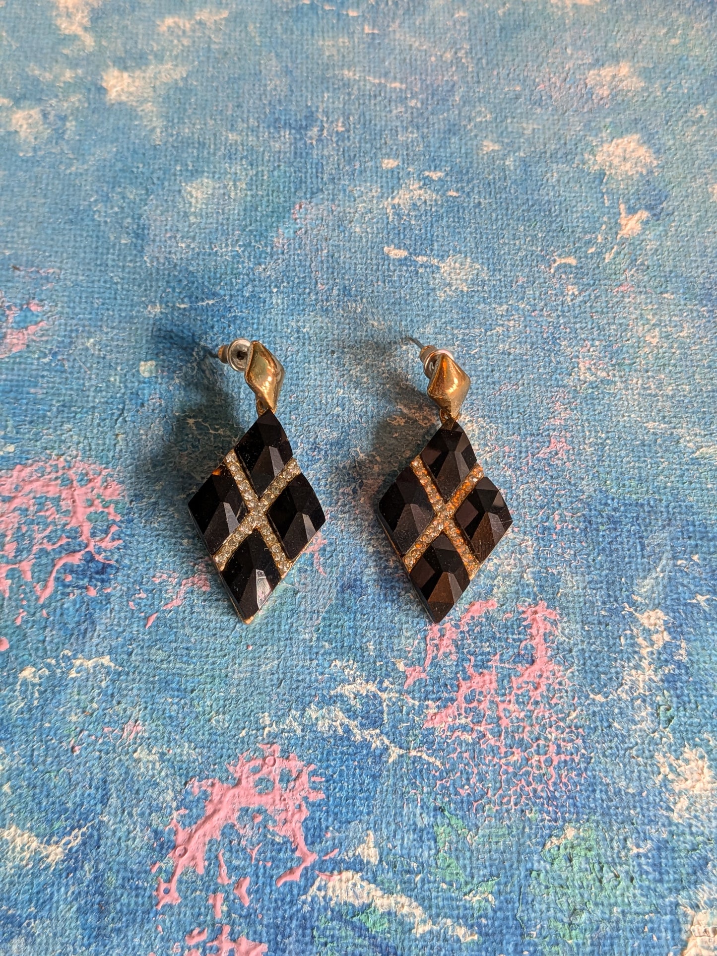 Vintage Black and Clear Rhinestone Geometric Drop Earrings