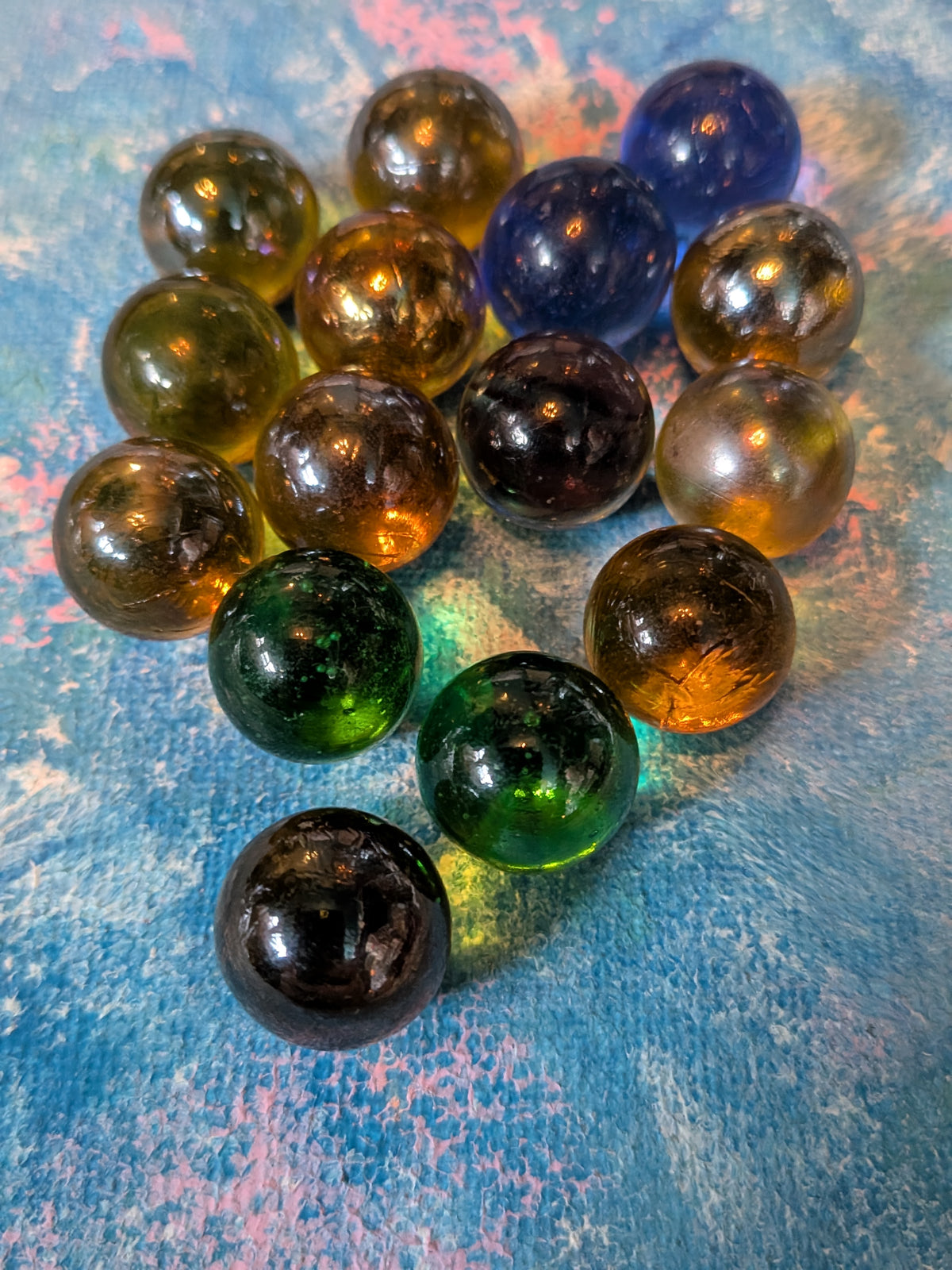 Vintage Amber/Blue/Green Clearie Marble Bundle - Includes 15 Marbles