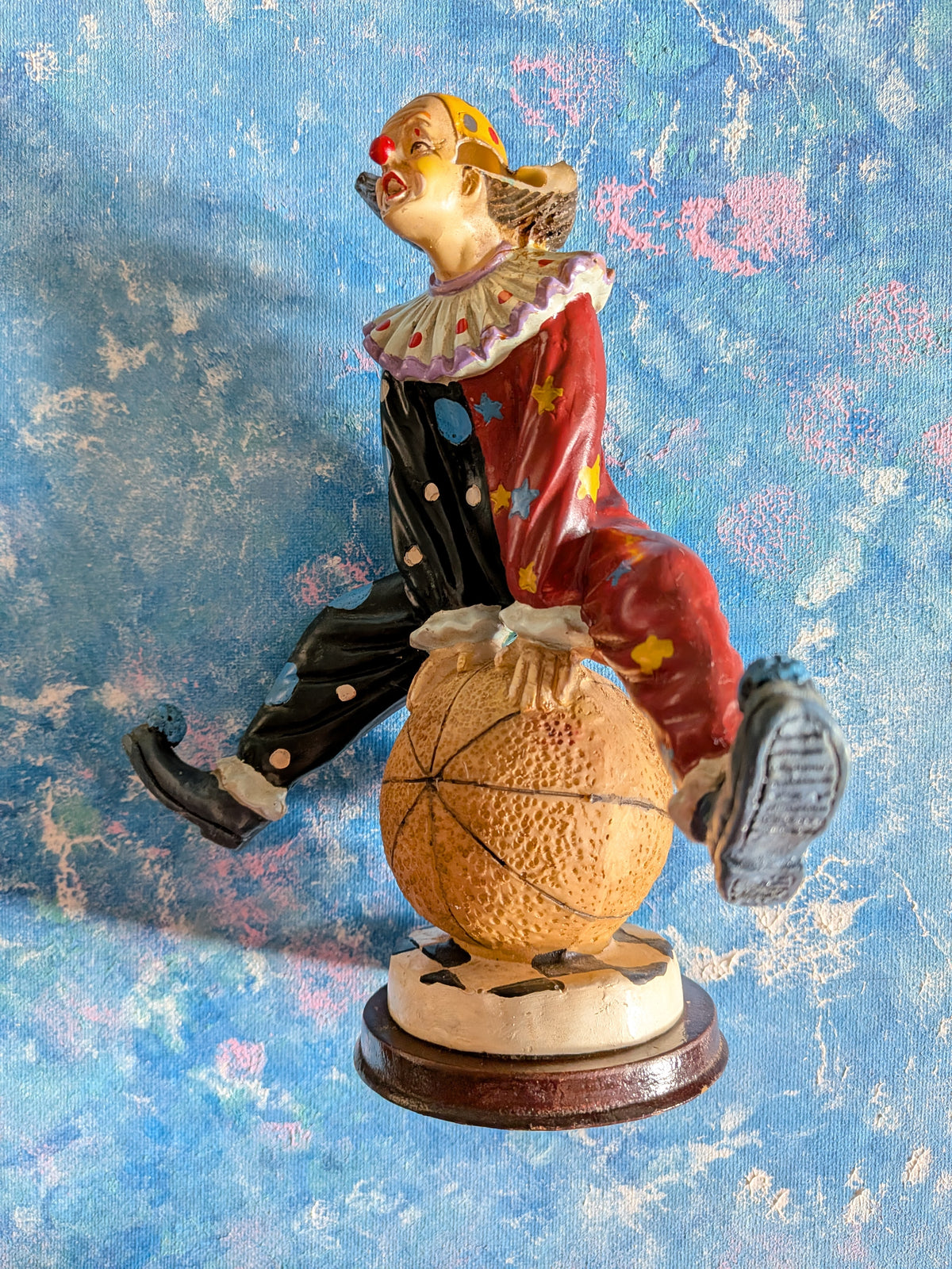 Vintage Circus Clown Figurine - Red/Green Polka Dot Clown on Ball