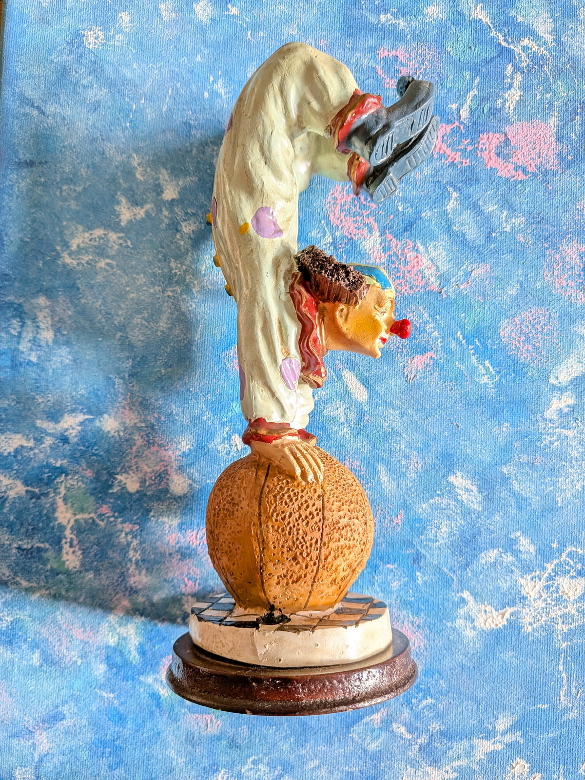 Vintage Circus Clown Figurine - White Polka Dot Clown on Ball