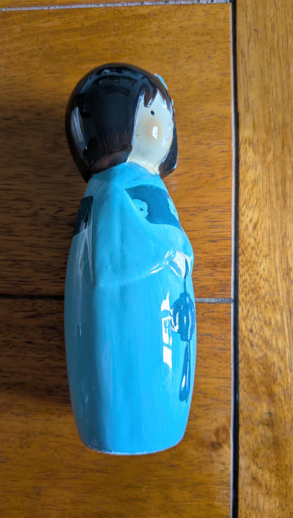 Vintage Japanese Kokeshi Ceramic Doll Figurine in Blue Kimono