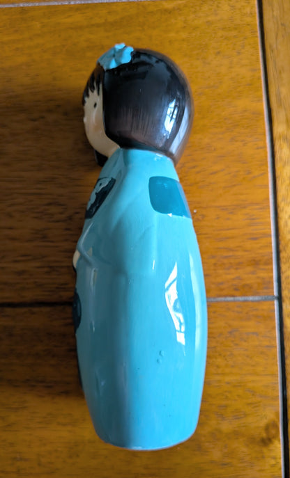 Vintage Japanese Kokeshi Ceramic Doll Figurine in Blue Kimono