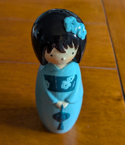 Vintage Japanese Kokeshi Ceramic Doll Figurine in Blue Kimono