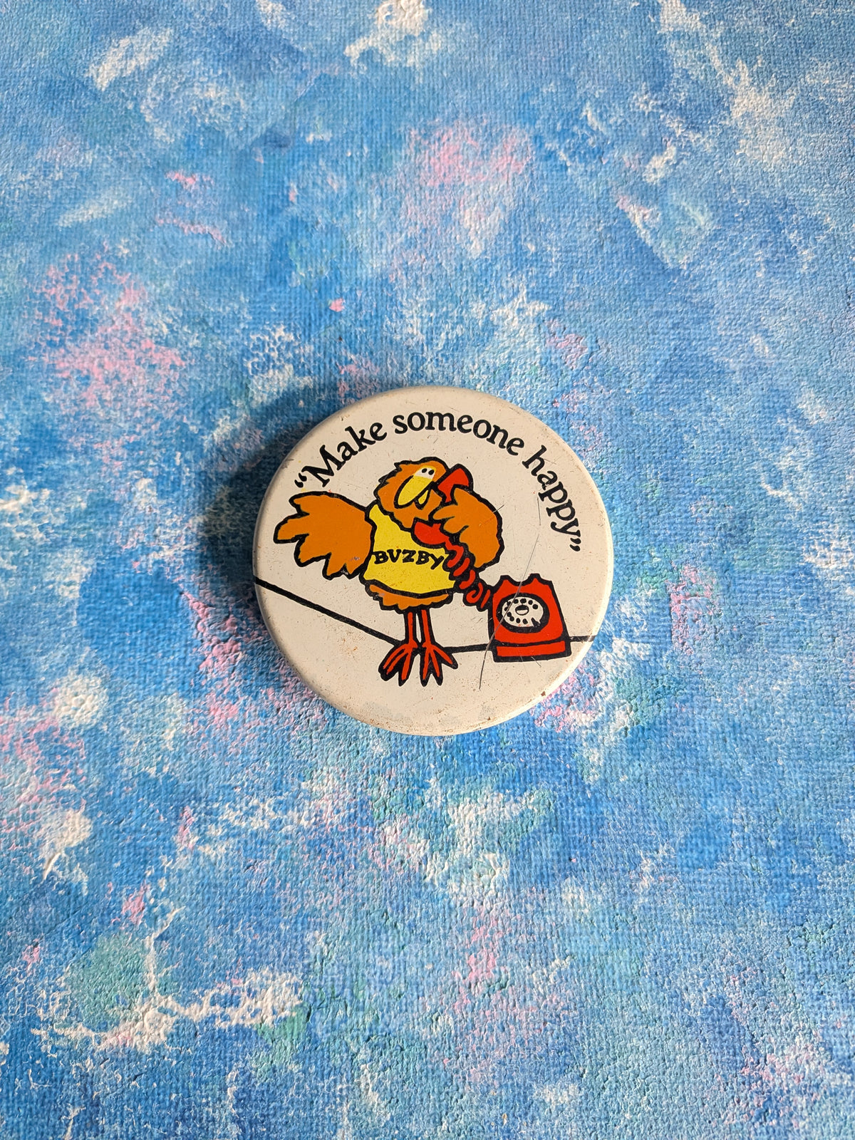 Vintage British Telecom BT Buzby "Make Someone Happy" Badge - 1970s