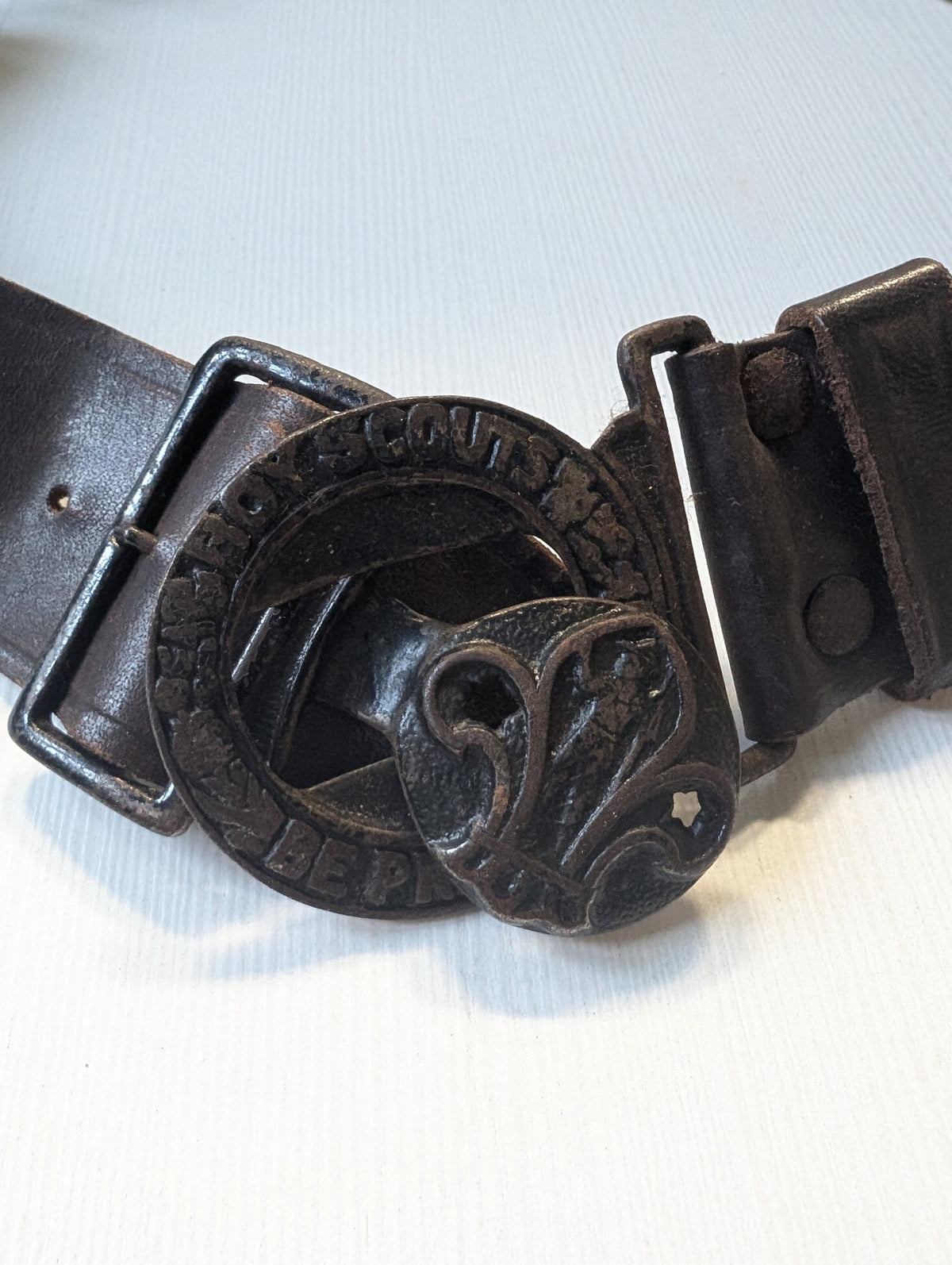 Vintage Boy Scouts Leather Belt with Metal "Be Prepared" Buckle - 1950s Approx