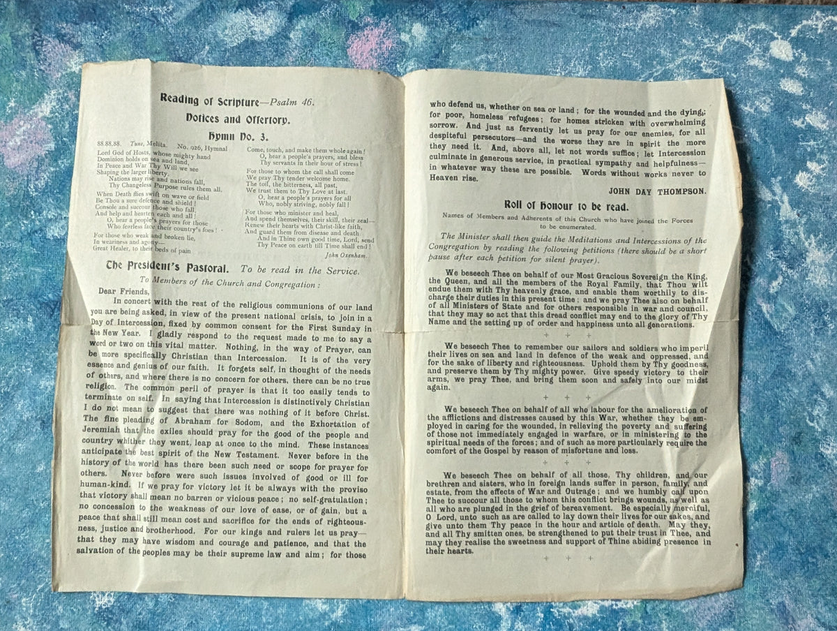 Antique World War I Day of National Intercession Church Order of Service - 1916