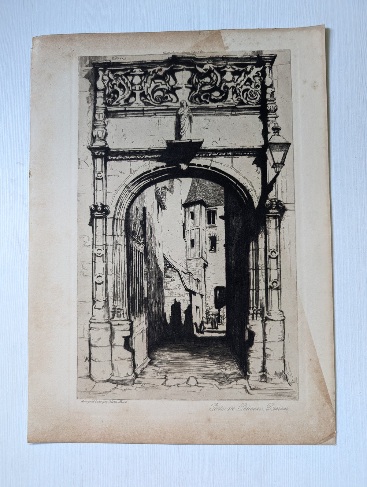 Antique "Porte des Pélicans, Dinan" Etching Print - Unframed