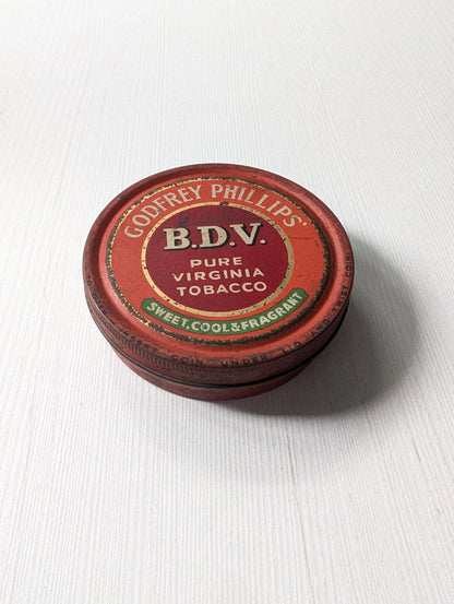Vintage Godfrey Phillips B.D.V. Pure Virginia Tobacco Round Tin (Empty)