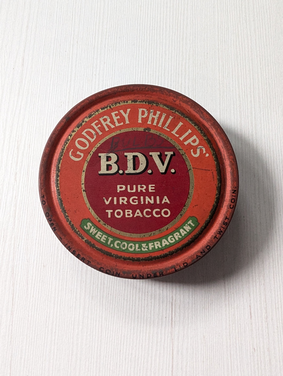 Vintage Godfrey Phillips B.D.V. Pure Virginia Tobacco Round Tin (Empty)
