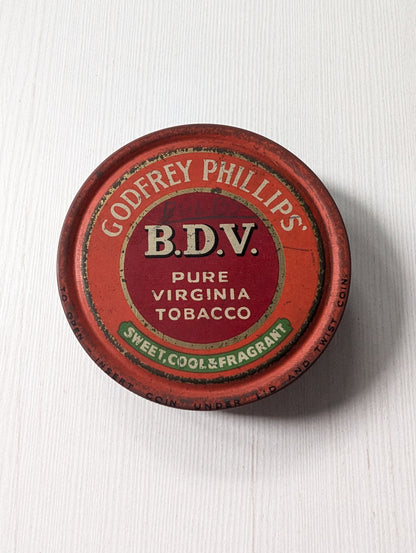 Vintage Godfrey Phillips B.D.V. Pure Virginia Tobacco Round Tin (Empty)