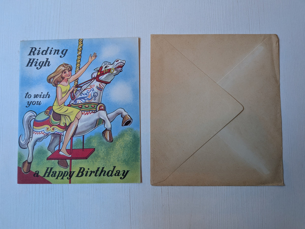 Vintage 1950's Birthday Card - Girl on Carousel Horse - W. Barton Production