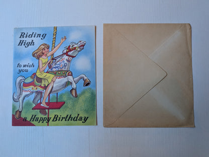 Vintage 1950's Birthday Card - Girl on Carousel Horse - W. Barton Production