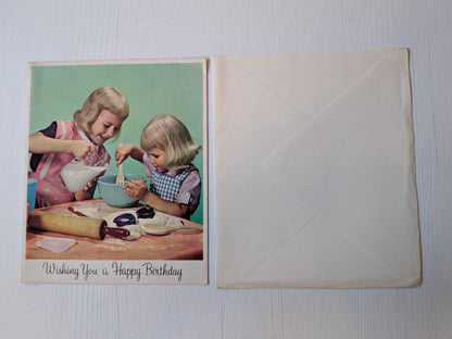 Vintage 1960s Birthday Card - Two Little Girls Baking - Mason's Alpha Series