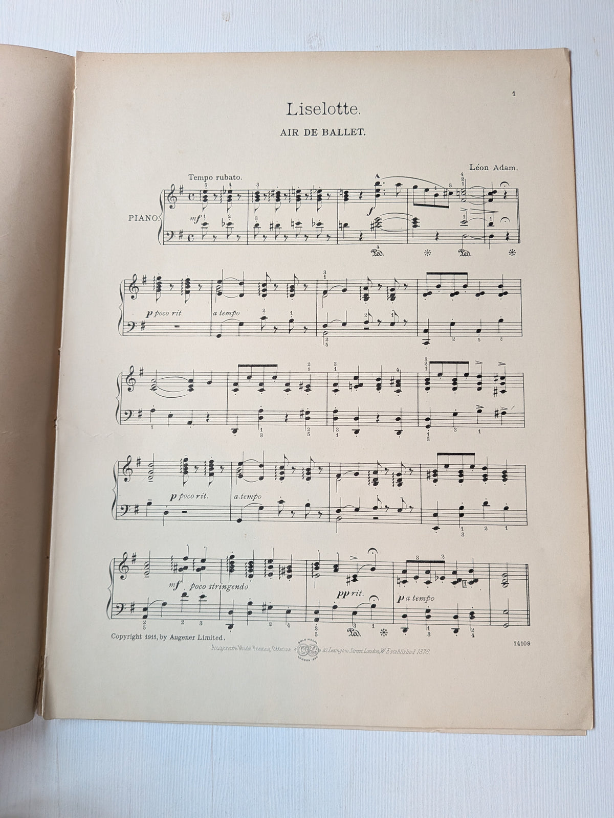 Antique Edwardian Sheet Music - Liselotte & Lancelot - 1911 - Augener Ltd