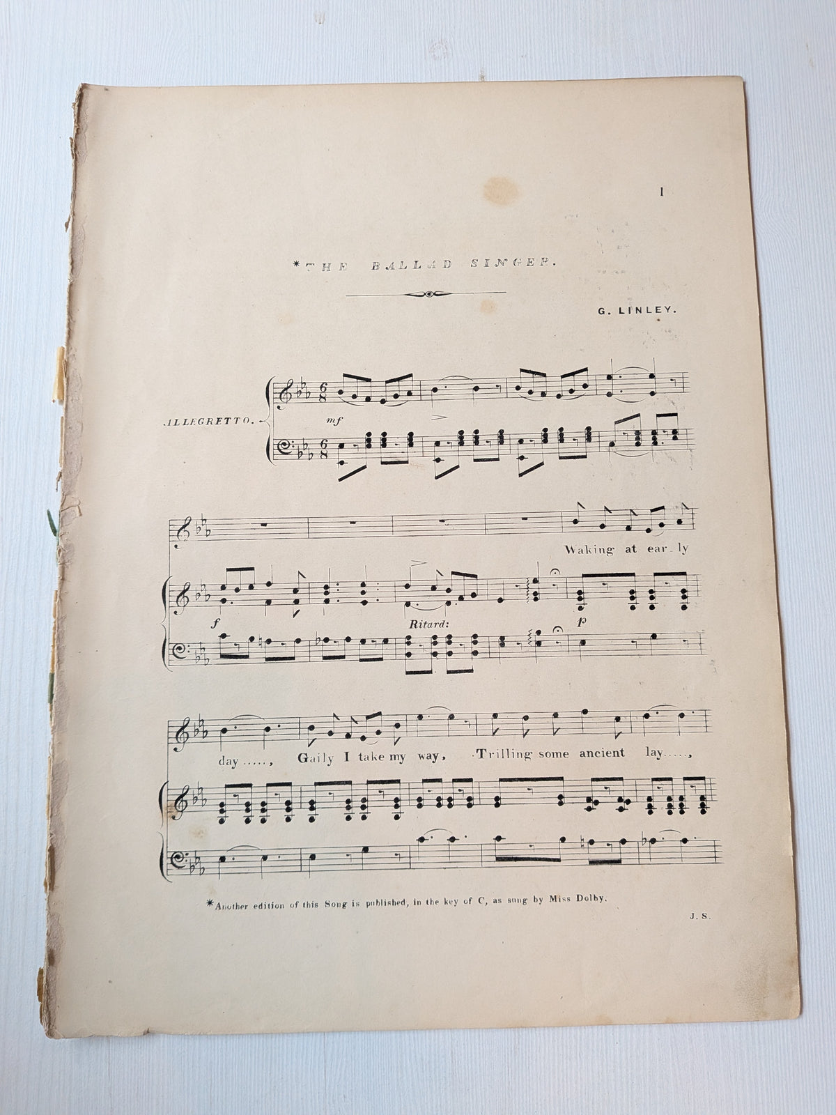 Antique Victorian Sheet Music - "The Ballad Singer" - 1860 - John Shepherd