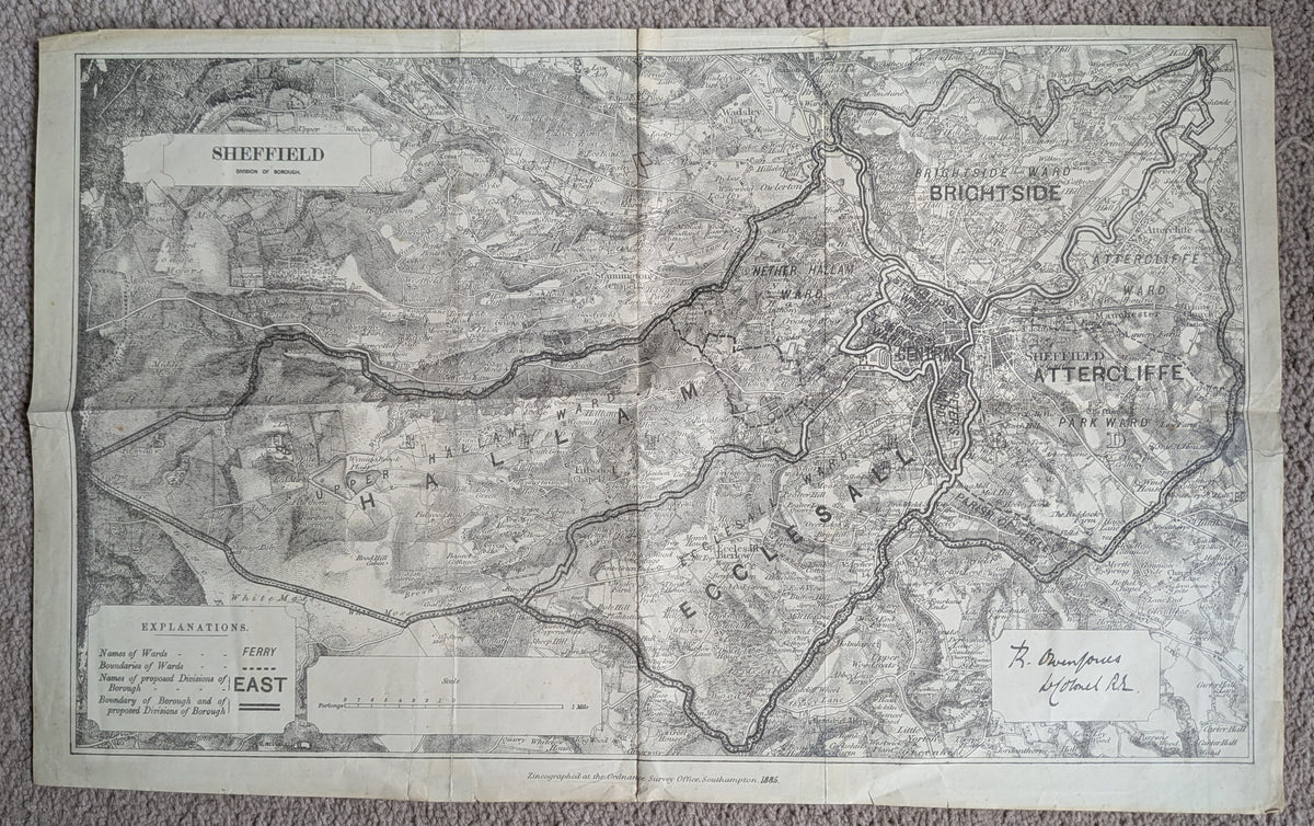 Antique Ordnance Survey Sheffield - Division of Borough Zincographed Map - 1885