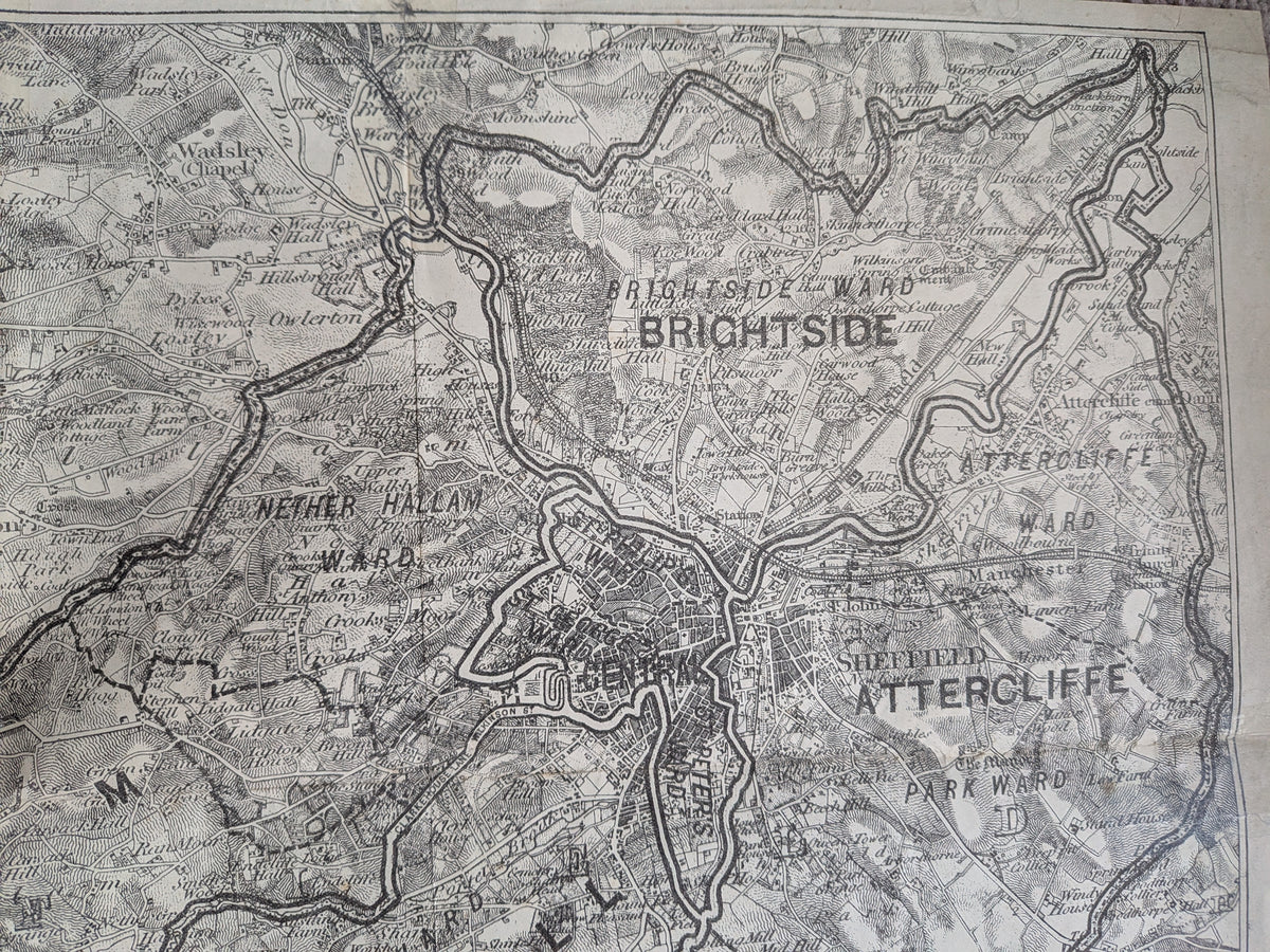Antique Ordnance Survey Sheffield - Division of Borough Zincographed Map - 1885