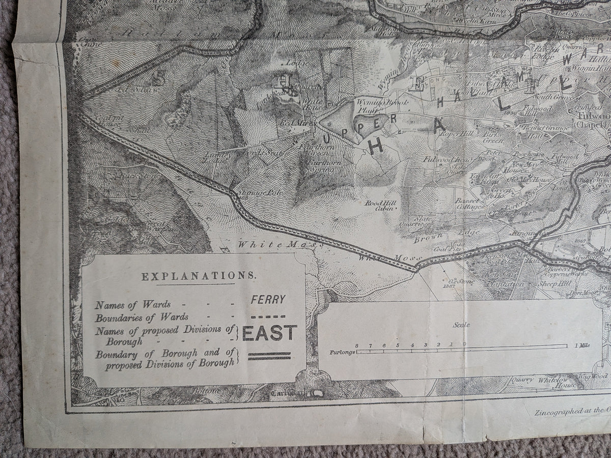 Antique Ordnance Survey Sheffield - Division of Borough Zincographed Map - 1885