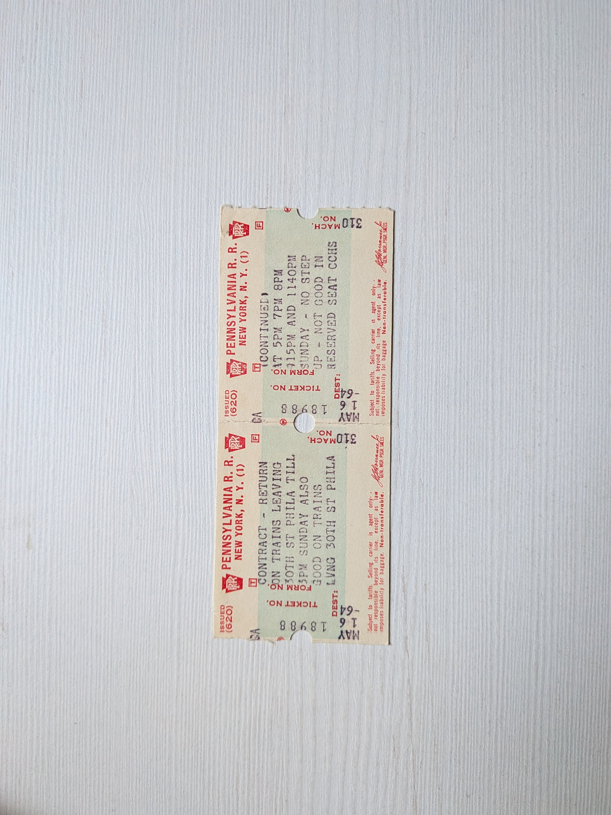 Vintage Pennsylvania Railroad (PRR) Train Ticket - New York/Philadelphia - 1964