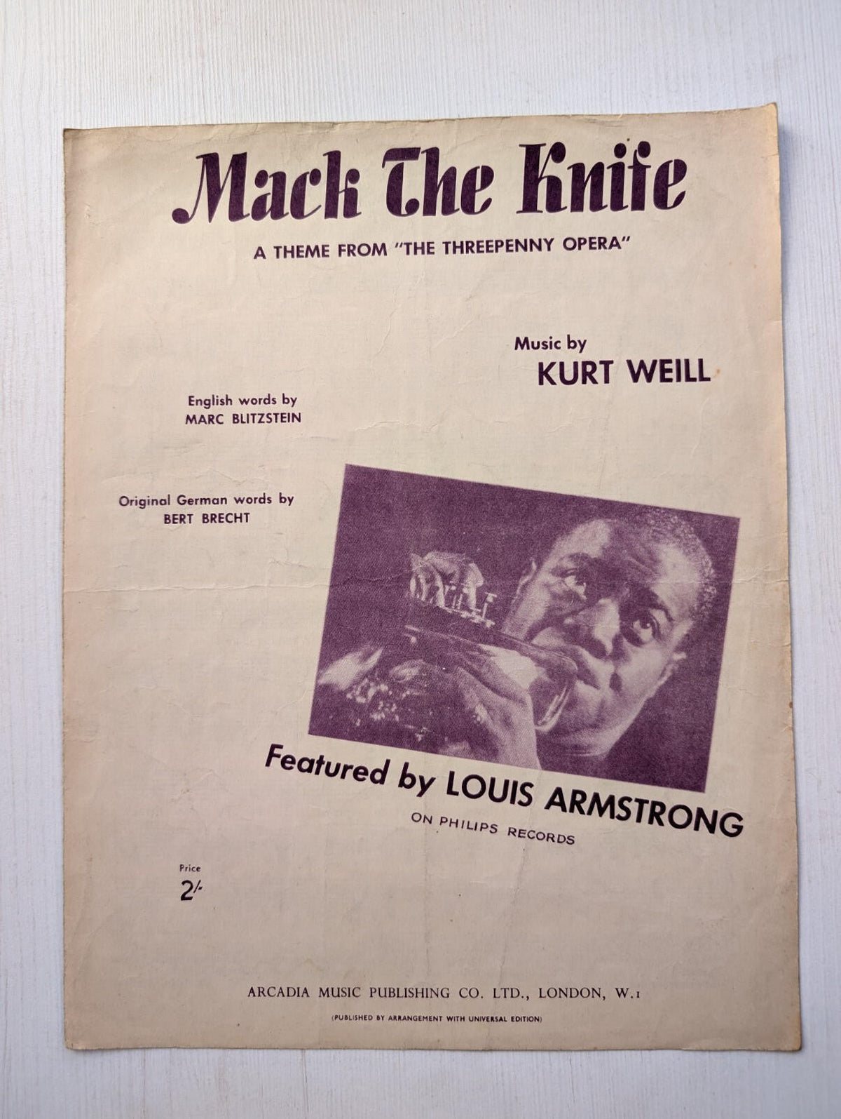Mack the Knife Sheet Music by Kurt Weill/Louis Armstrong - 1956 - Arcadia Music