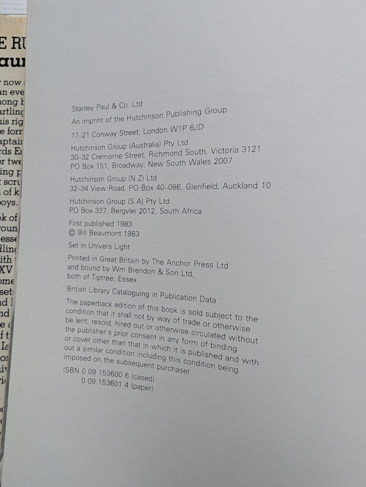 Tackle Rugby by Bill Beaumont - 1983 - Stanley Paul & Co. Ltd