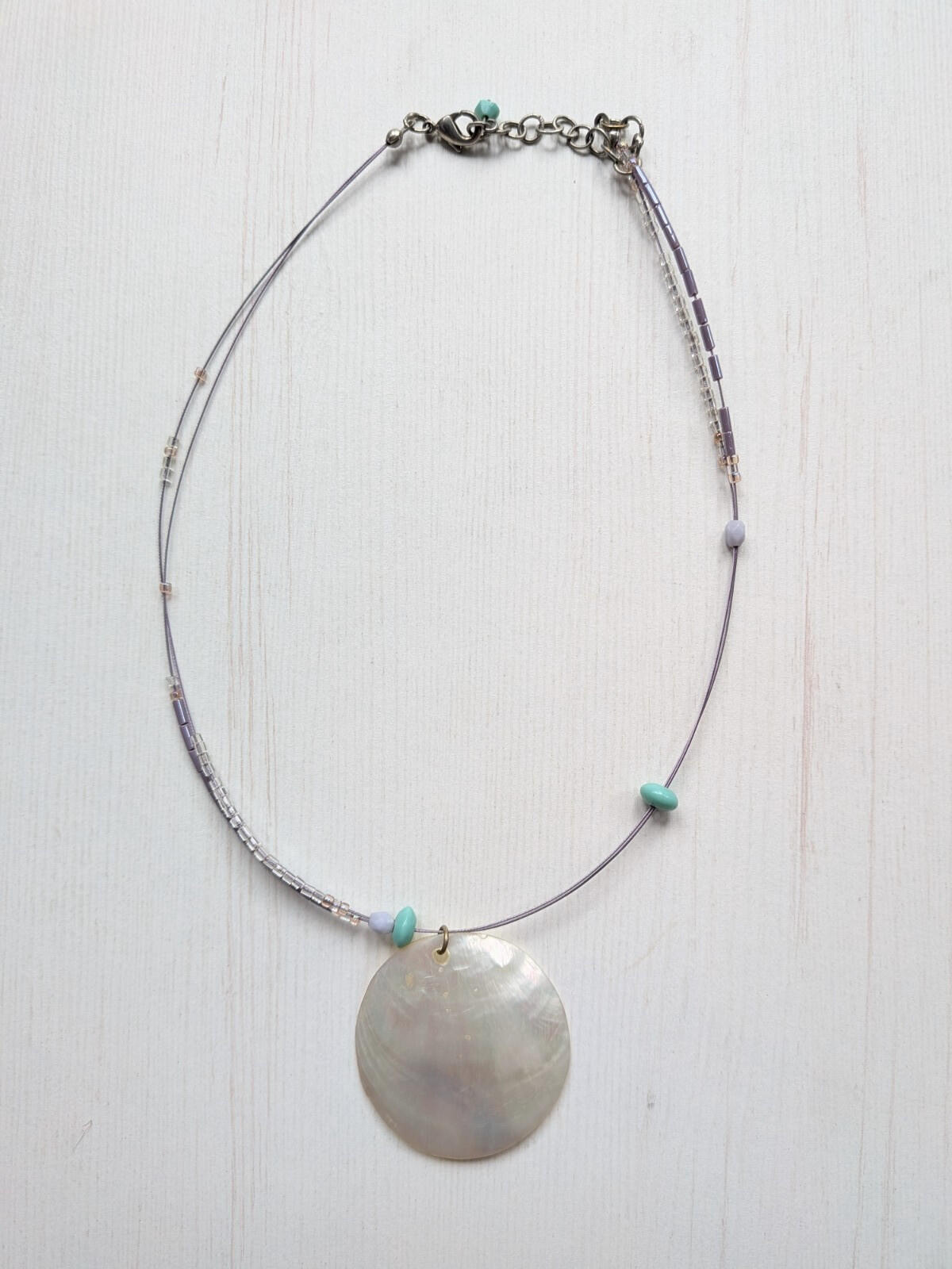 Summer/Beach Style Delicate Lilac/Clear Beaded Necklace with Shell Pendant